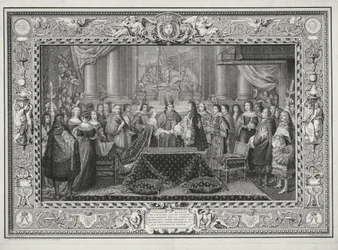 Hochzeitszeremonie von Ludwig XIV. (1638-1715), König von Frankreich und Navarra, und der Infantin Maria Theresia von Österreich (1638-83), Tochter von Philipp IV., König von Spanien im Jahr 1660, graviert von B. Jeaurat, 1731